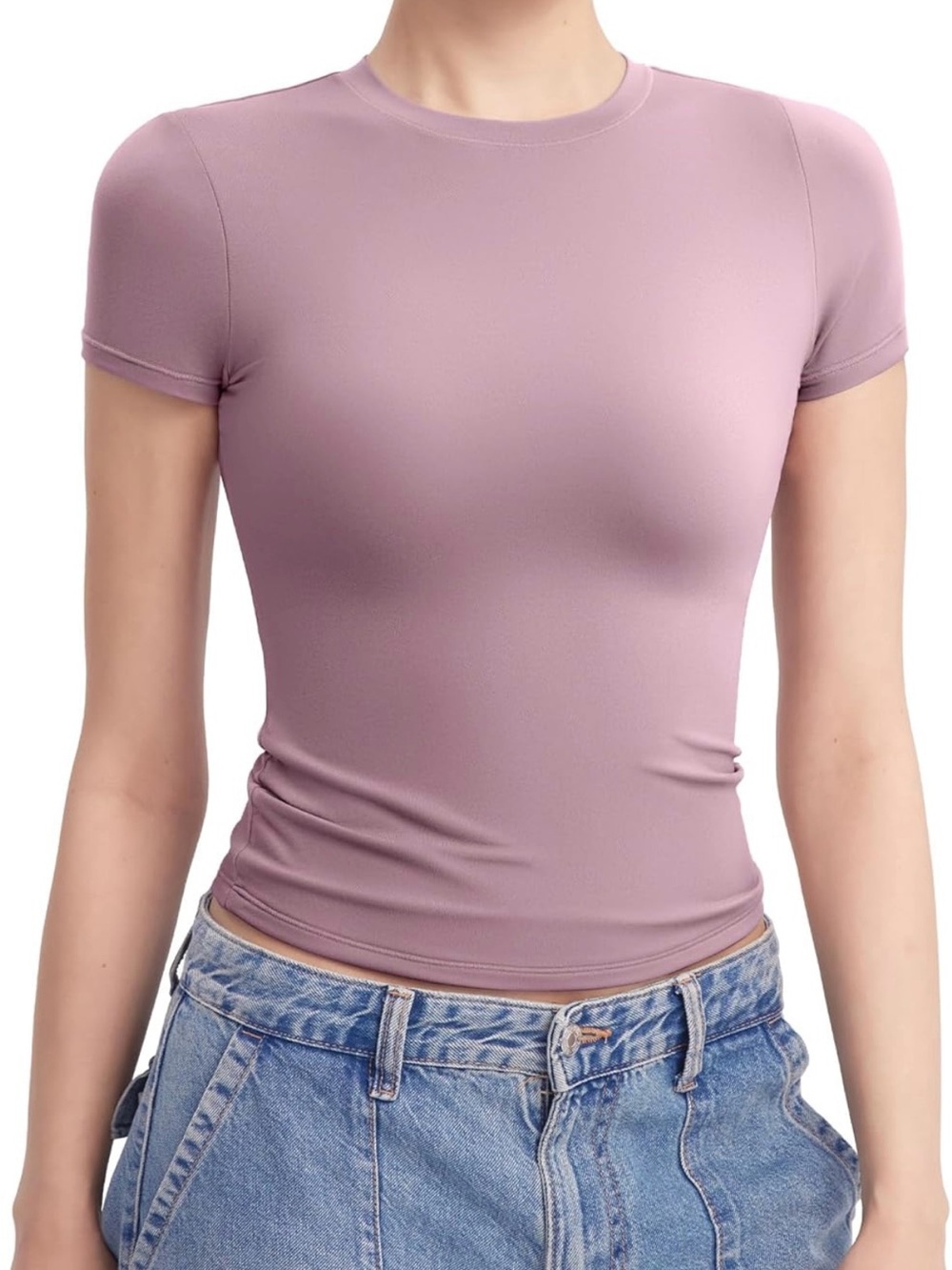 Pumiey Women’s Crew Neck Short Sleeve Double Lined Basic Tee Color Mauve M